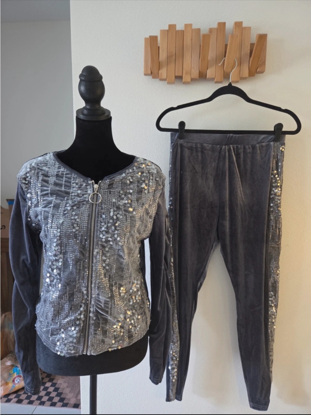 Y2K Gray Velvet Sequin Track Jacket & Legging Set -New without tags, size medium
